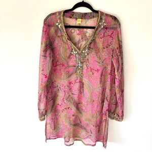 Raj 100% Silk Sheer Paisley Pink Beaded Embellished Tunic Indian Coverup Boho